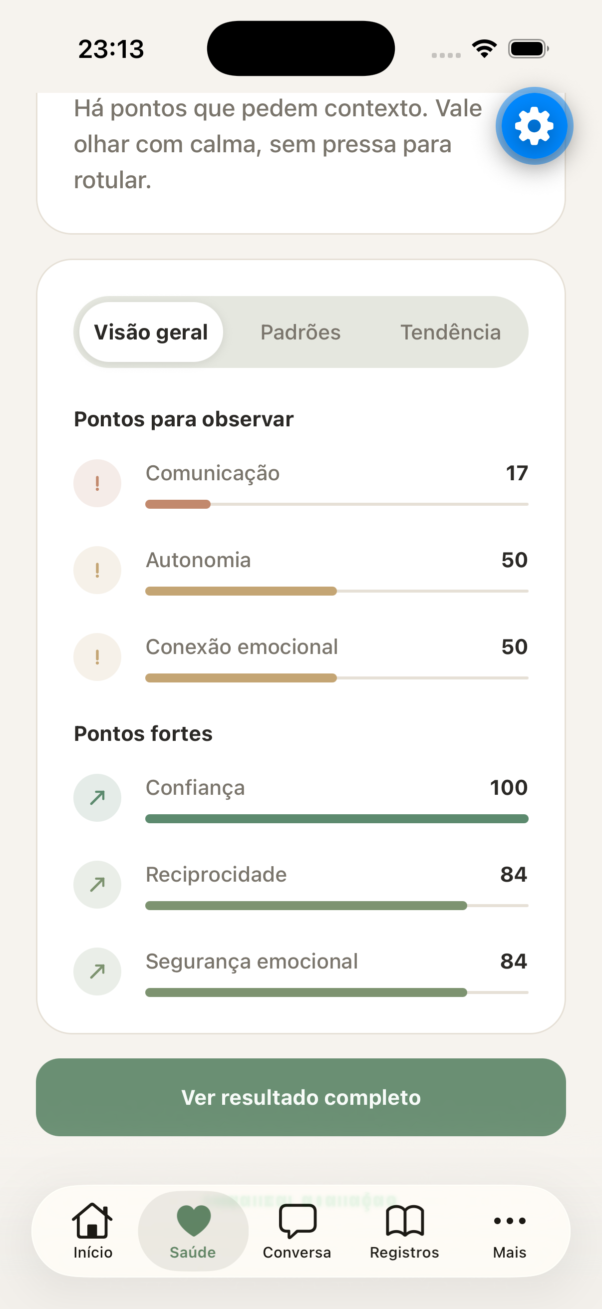 Tela de saúde do relacionamento no aplicativo SinalFlag